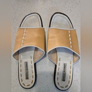 Manolo Blahnik Tan and White Leather Slide Sandals